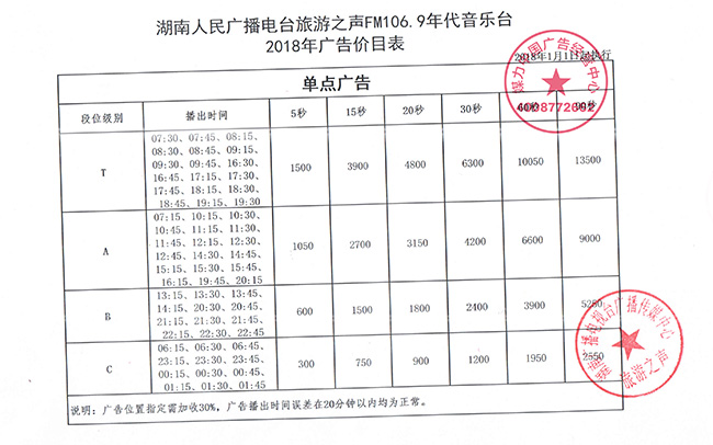 湖南人民广播电台旅游之声FM106.9年代音乐台2018年广告价目表