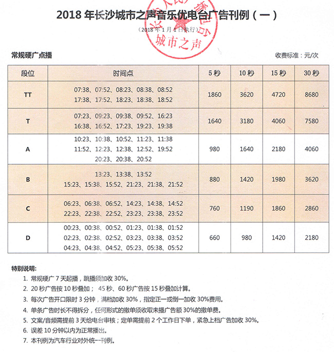 2018年长沙城市之声音乐优电台广告刊例