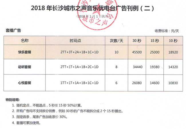 2018年长沙城市之声音乐优电台广告刊例