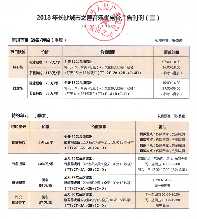 2018年长沙城市之声音乐优电台广告刊例