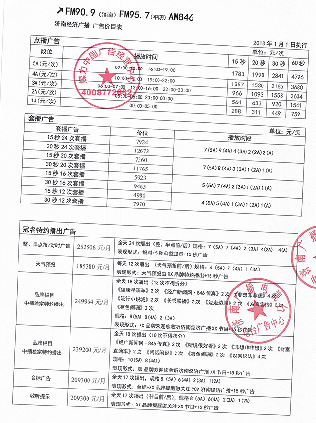 FM90.9济南经济广播2018年广告价目表