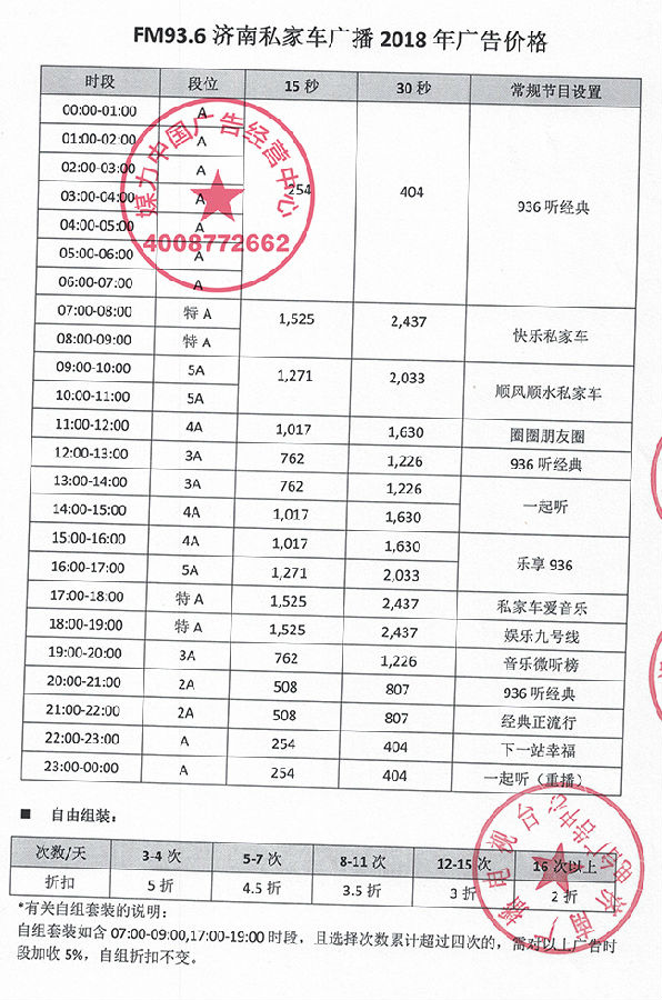 济南私家车广播(FM93.6)刊例
