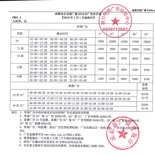 成都交通广播(FM91.4)刊例