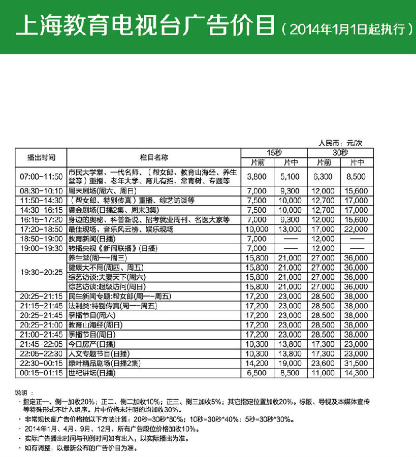 2014教育频道广告刊例