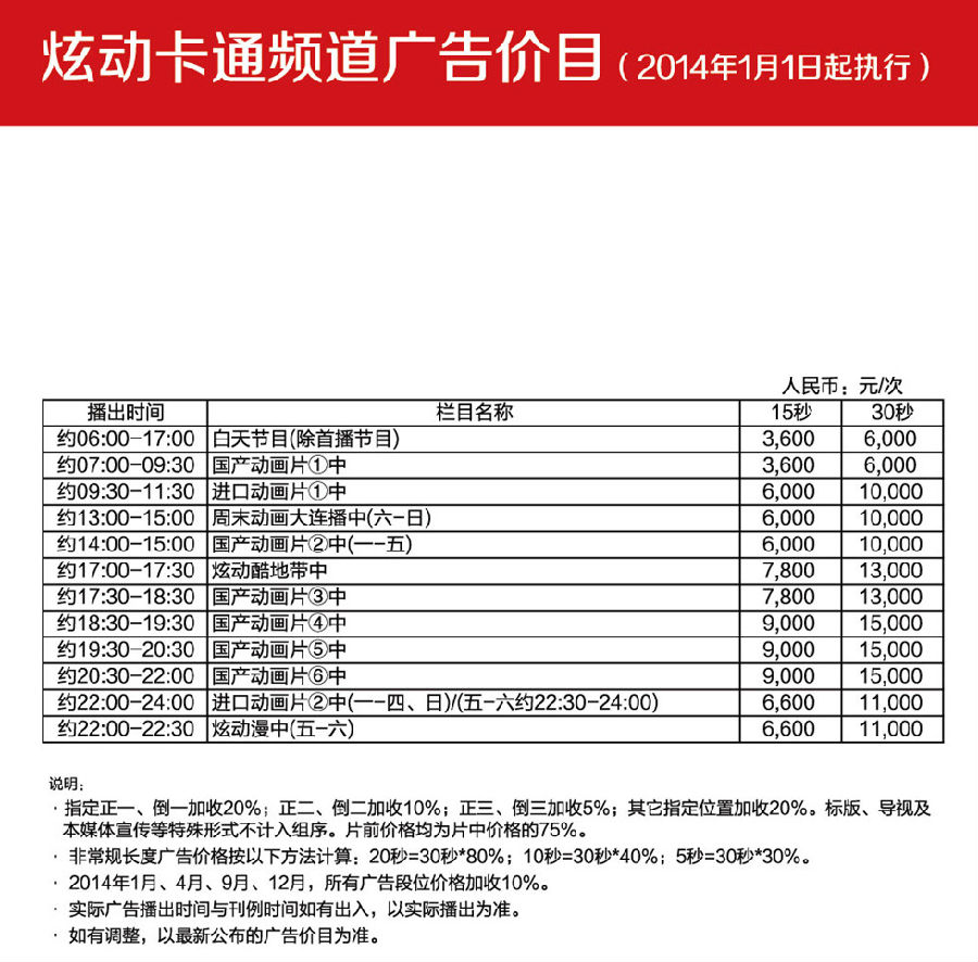 2014炫动卡通广告刊例