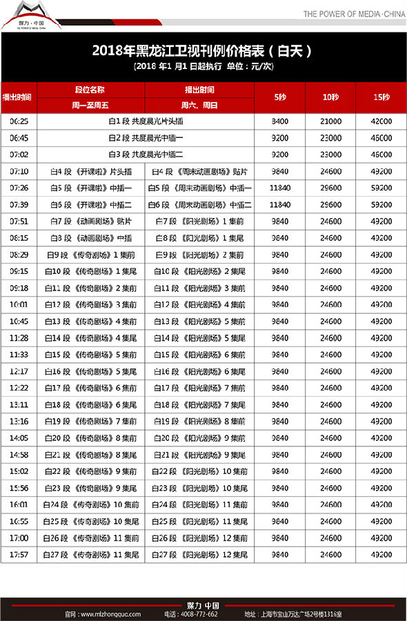2018年黑龙江卫视刊例价格表（白天时段）
