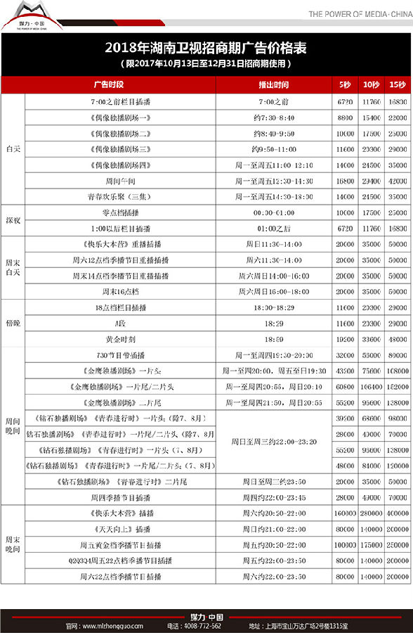 湖南卫视-刊例价格