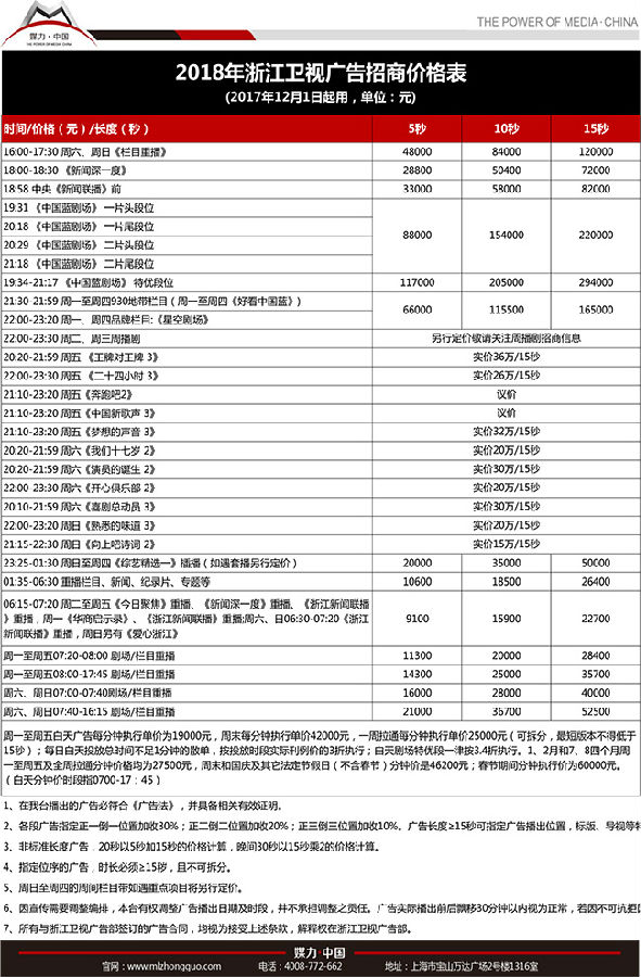 2018年浙江卫视广告招商价格表