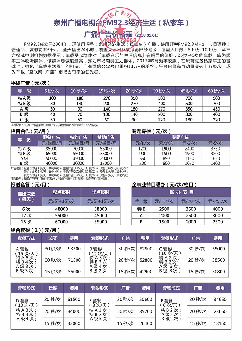 2018年泉州经济生活FM92.3广播广告价格表