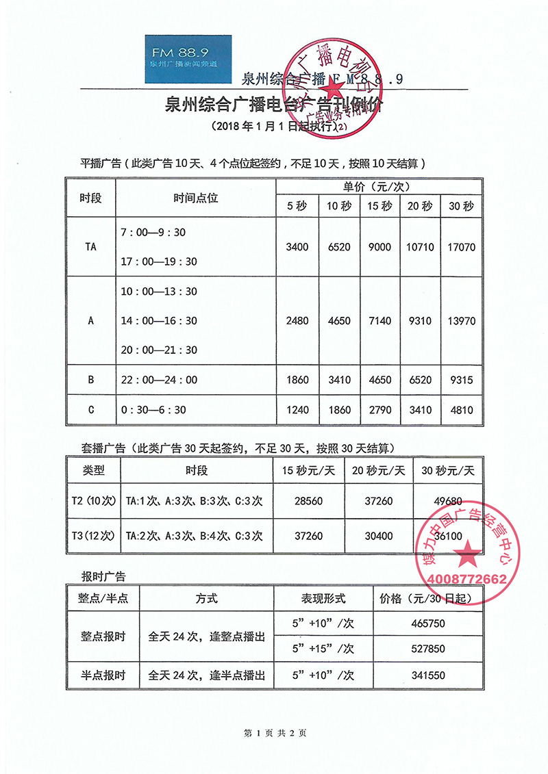 2018年泉州综合广播FM88.9广播广告刊例价