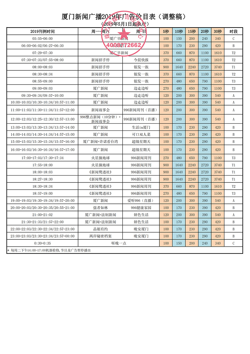 厦门新闻广播2019年广告价目表