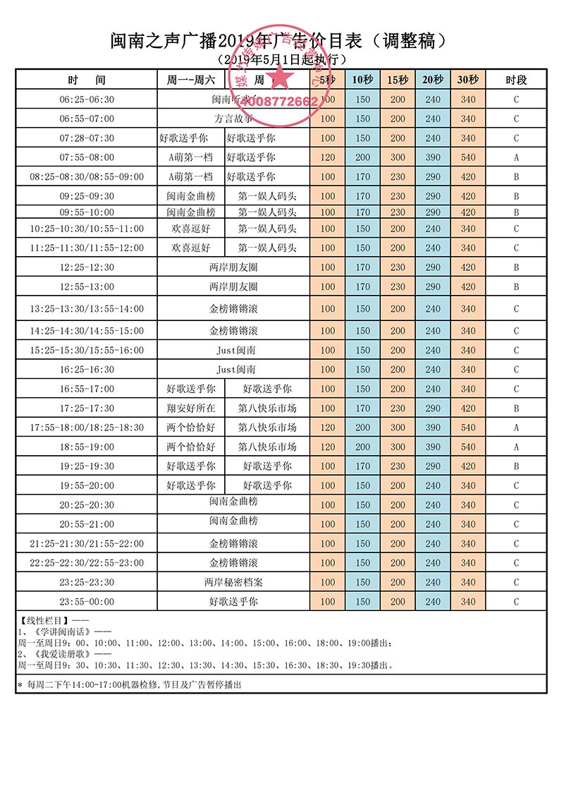 闽南之声广播2019年广告价目表