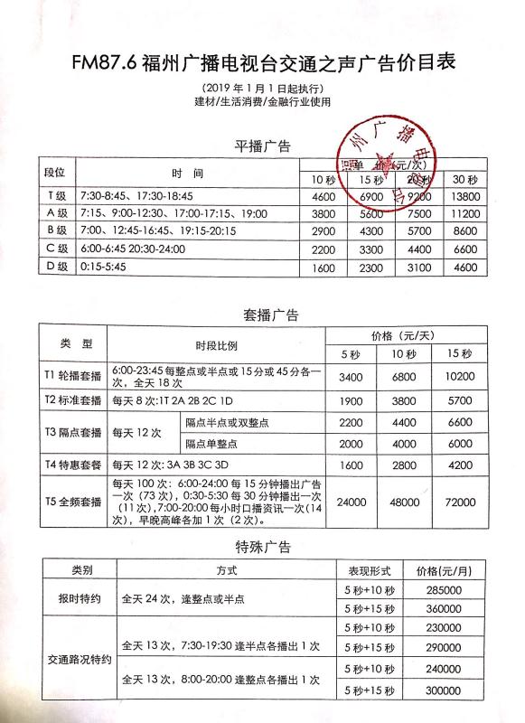 2019年福州交通之声FM87.6广告价目表