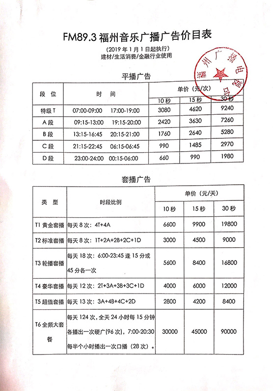 2019年福州音乐广播广告价目表