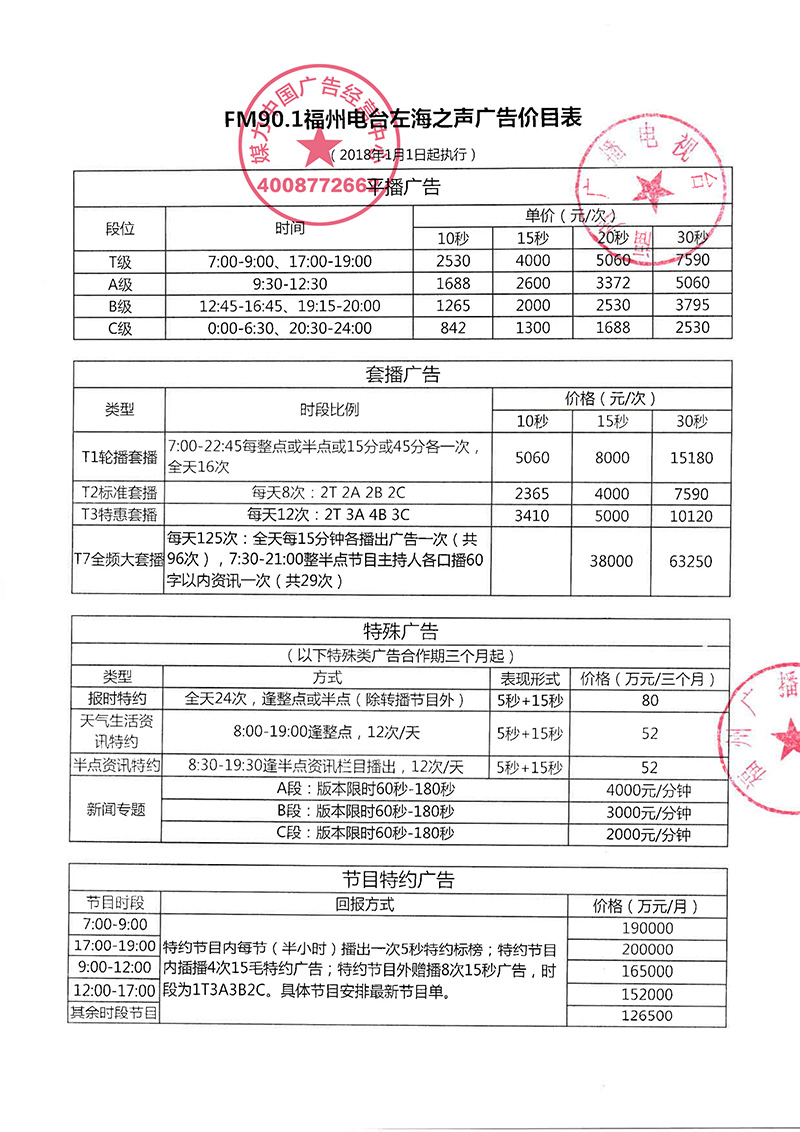 FM90.1福州电台左海之声2018年广告价目表