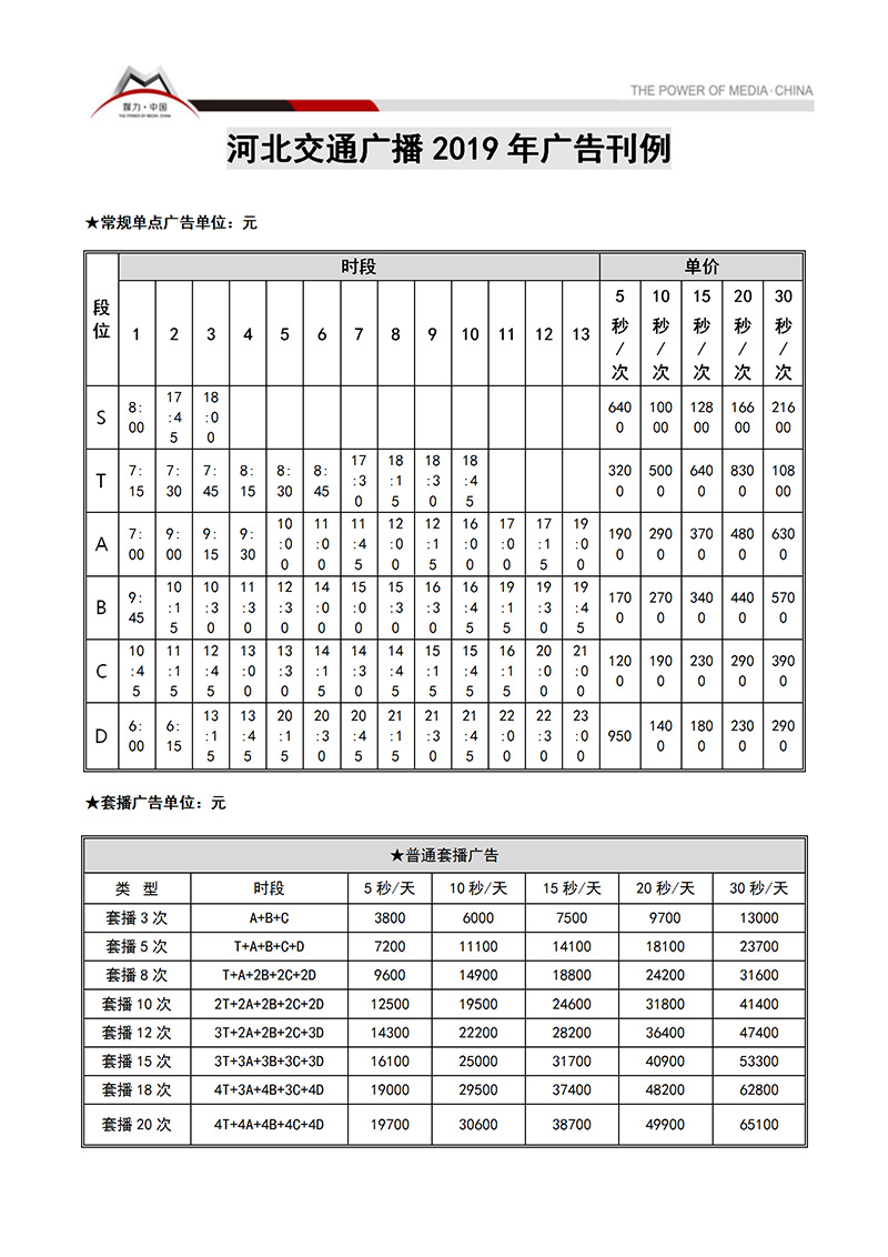 河北交通广播2019年广告刊例