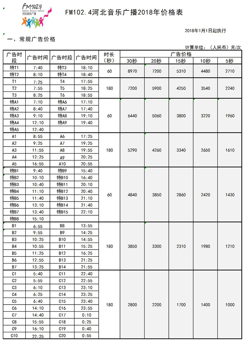 2018年河北音乐广播FM102.4广告价格表