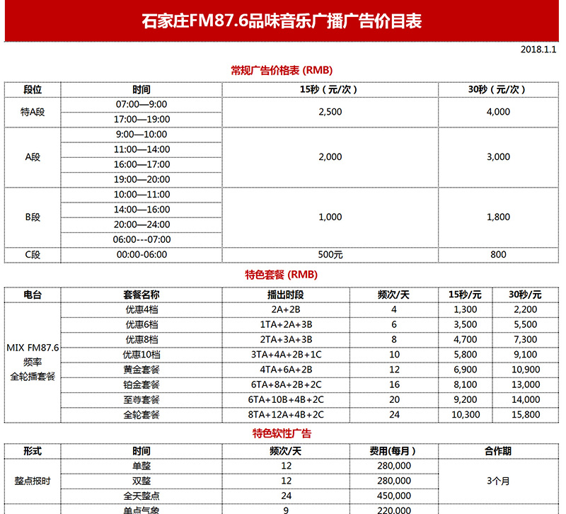 2018年石家庄品味音乐广播FM87.6广告刊例