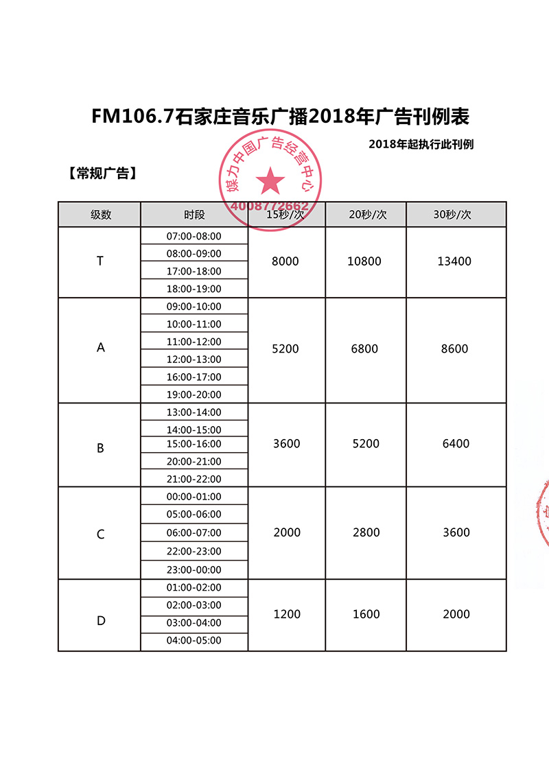 2018年石家庄音乐广播FM106.7广告刊例