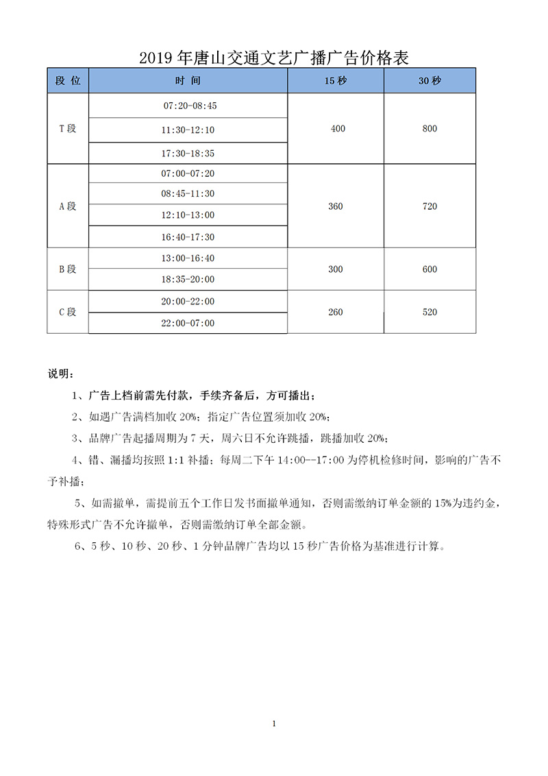 2019年唐山交通文艺广播广告价目表