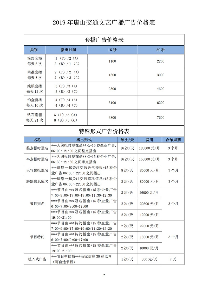 2019年唐山交通文艺广播广告价目表