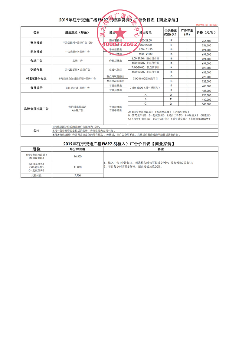 2019年辽宁交通广播FM97.5广告价目表