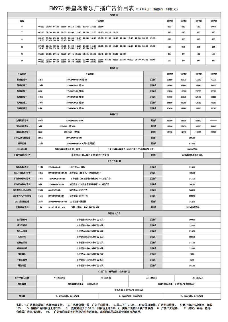 FM973秦皇岛音乐广播2019年广告价目表