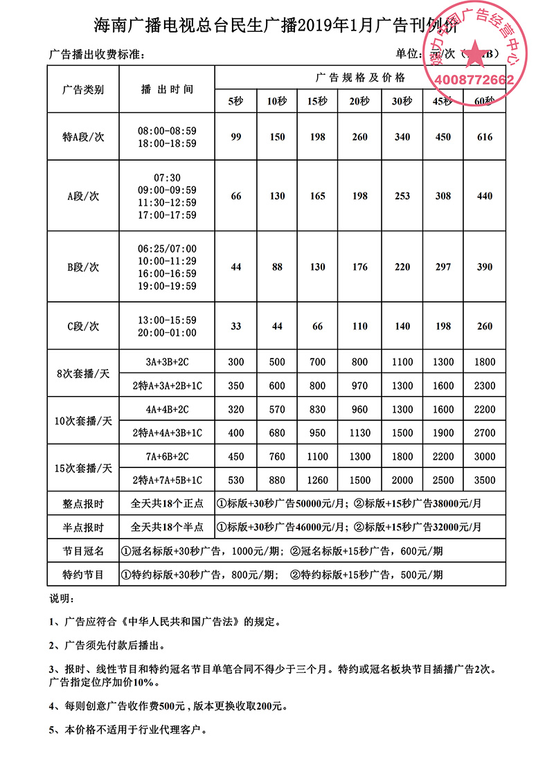 2019年海南民生广播广告刊例价