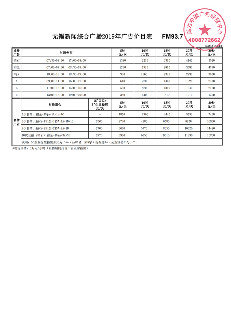  2019年无锡新闻综合广播FM93.7 广告价格