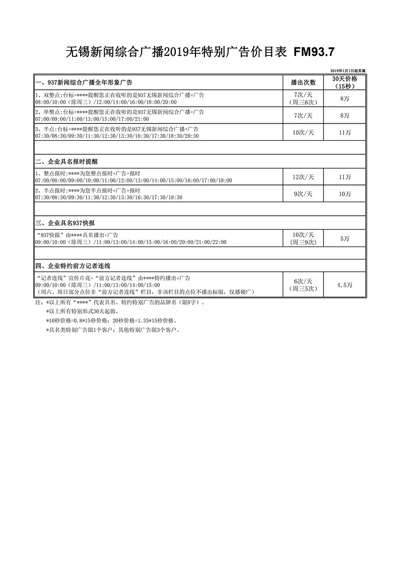  2019年无锡新闻综合广播FM93.7 广告价格