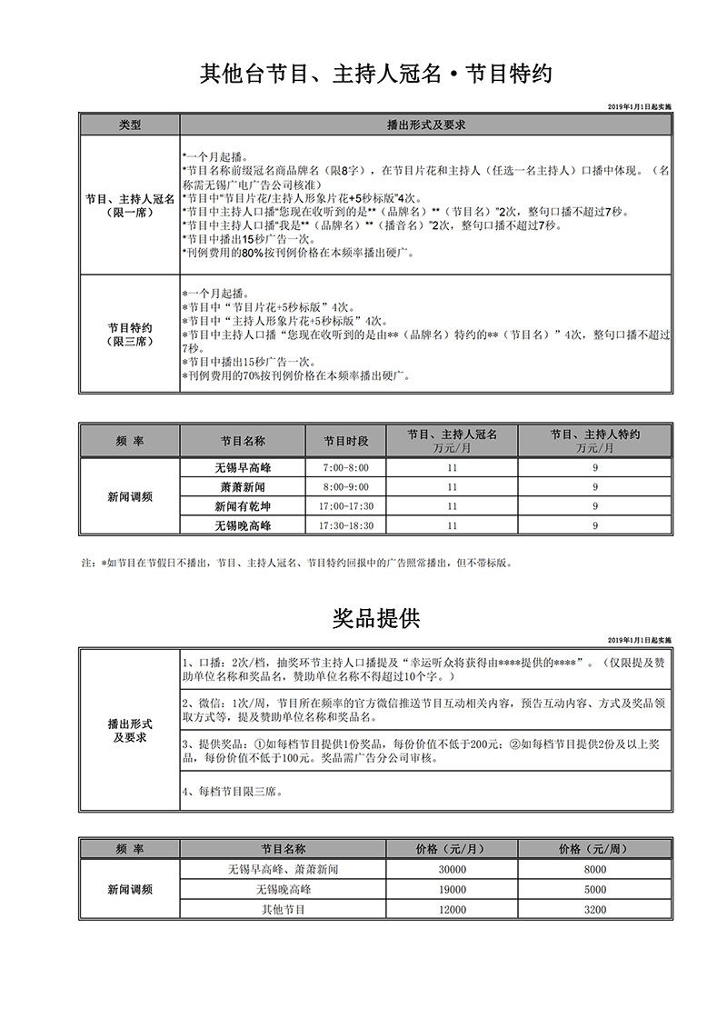  2019年无锡新闻综合广播FM93.7 广告价格