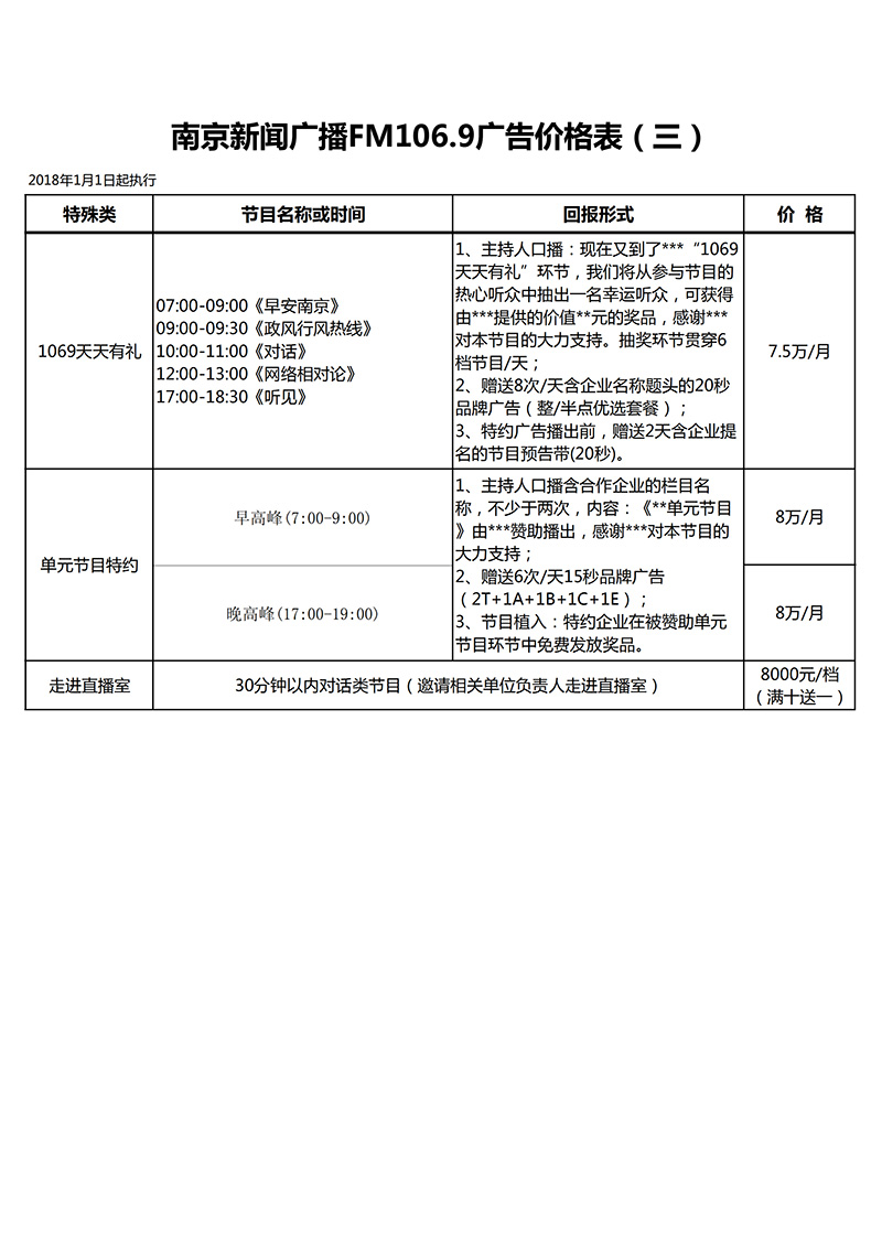 2018年南京新闻广播FM106.9广告价格表