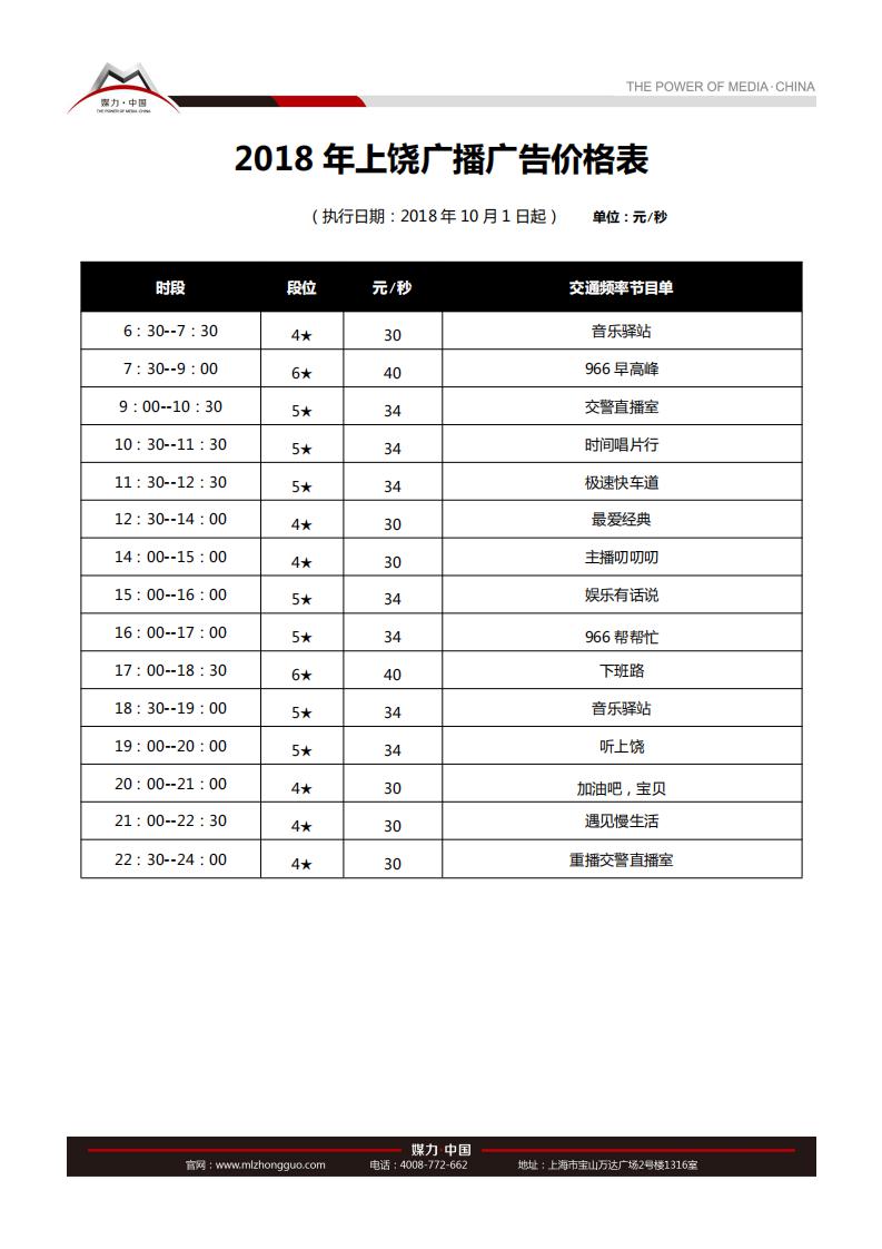 上饶广播电台2018年广播广告刊例价格