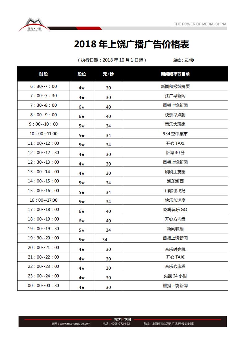 上饶广播电台2018年广播广告刊例价格