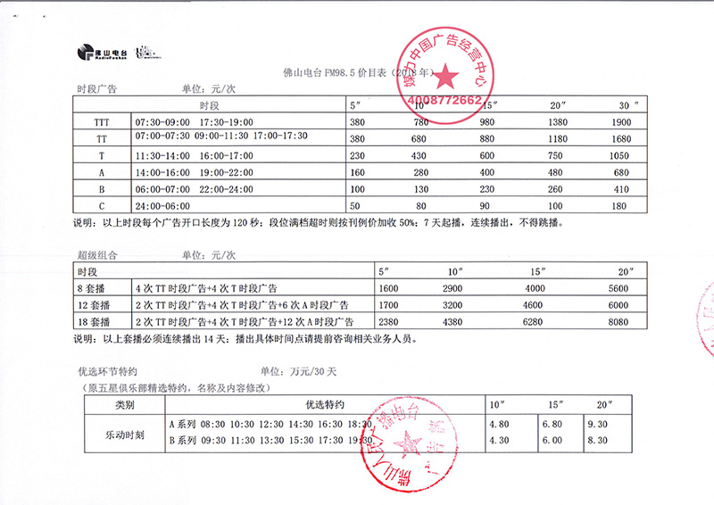 2018年佛山广播广告千色985电台刊例