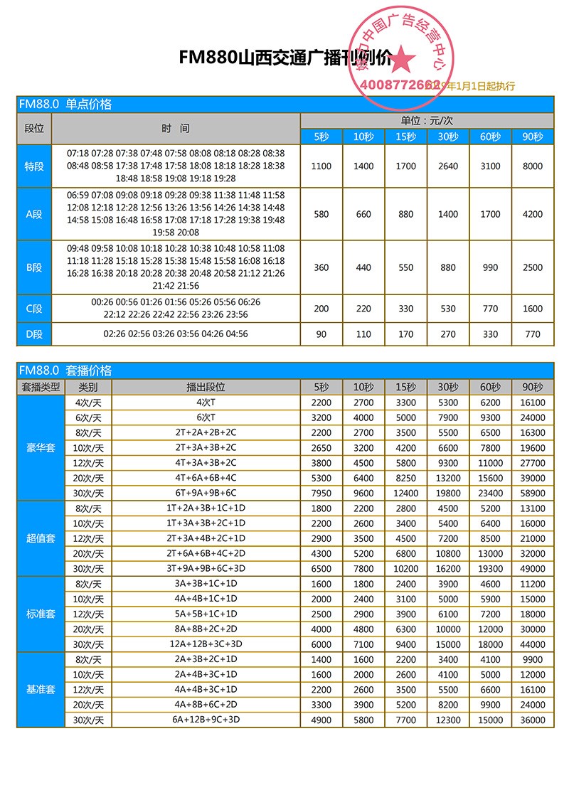 2019年山西交通广播广告刊例价