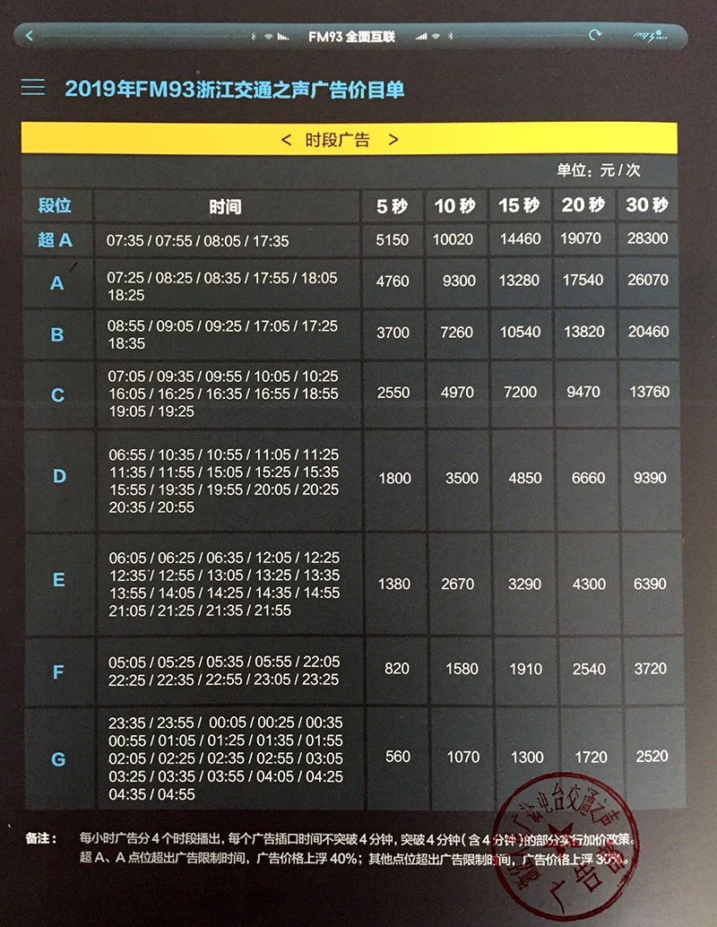 2019年FM93浙江交通广播广告价目单