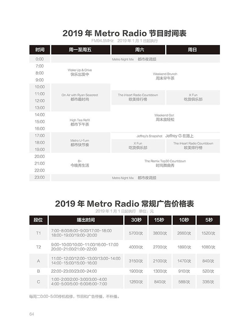 2019年北京Metro Radio广告价格表