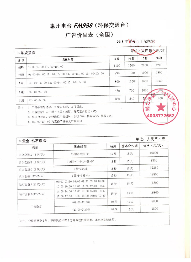 2018年惠州交通广播广告刊例