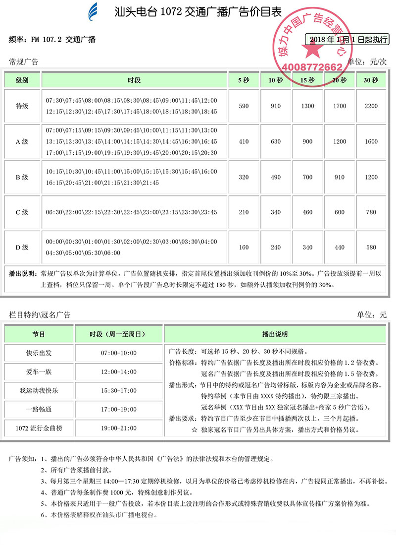 FM107.2 汕头交通广播广告价目表2018年