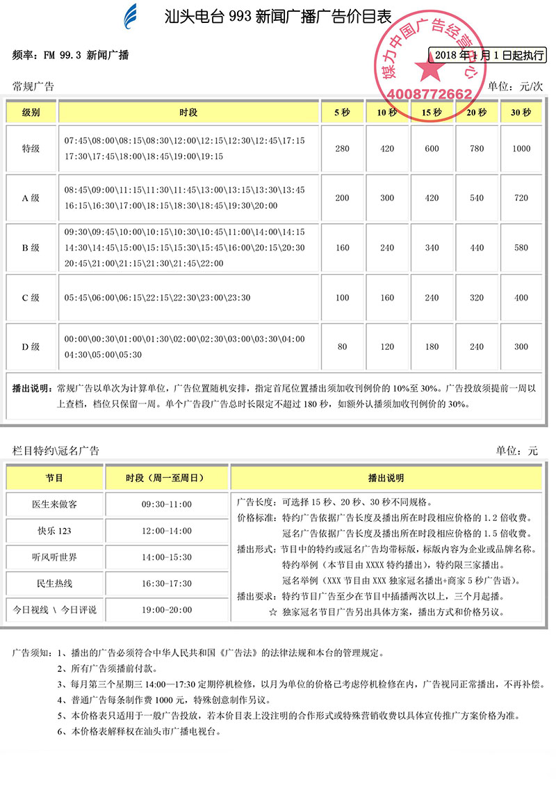 汕头新闻广播993广告价目表2018年