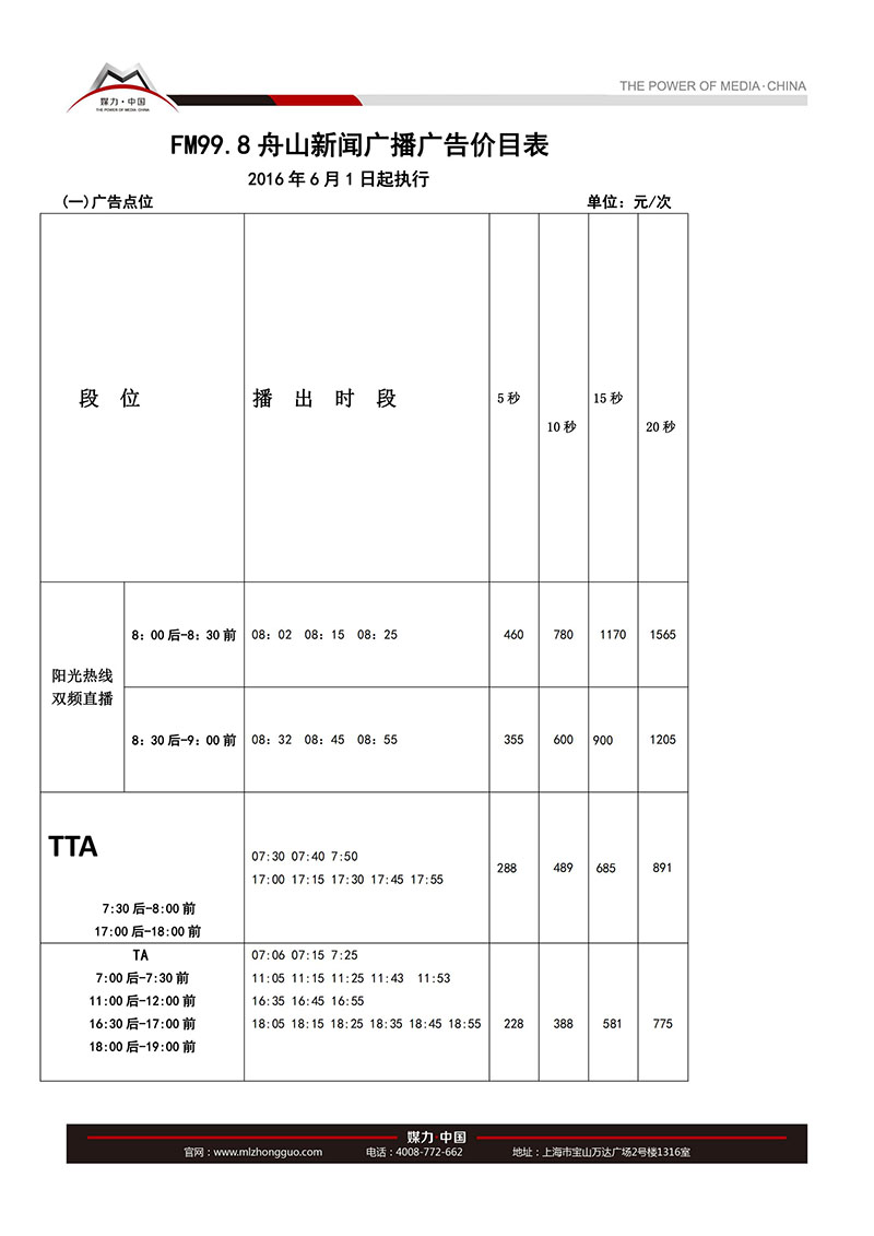 2017年舟山新闻广播广告价目表