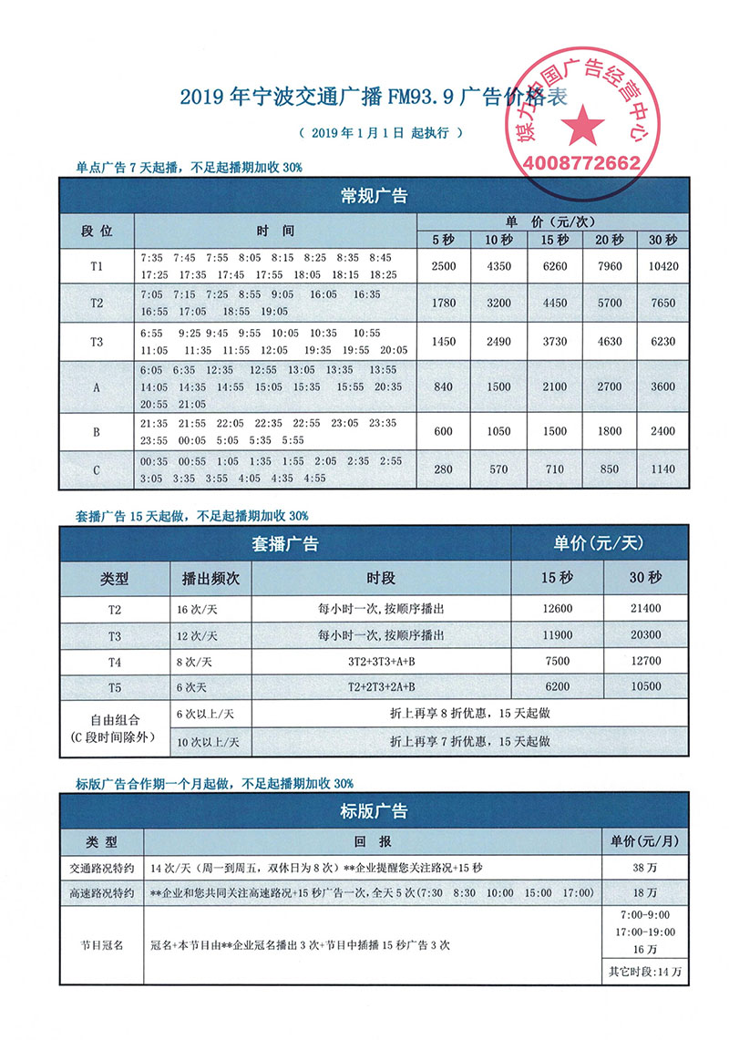 2019年宁波交通广播广告价格表