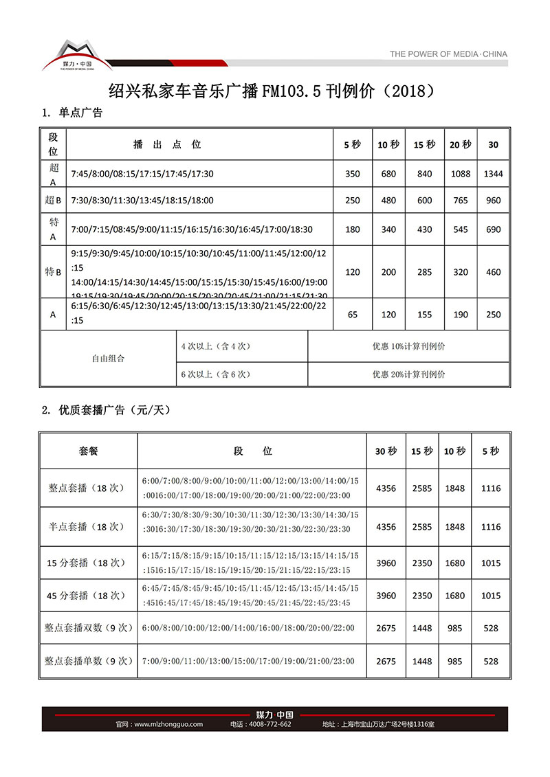 绍兴私家车音乐广播FM103.5广告刊例价（2018）