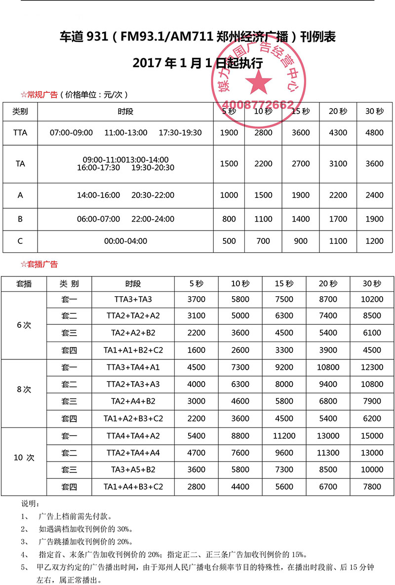 2017年郑州经济广播广告刊例