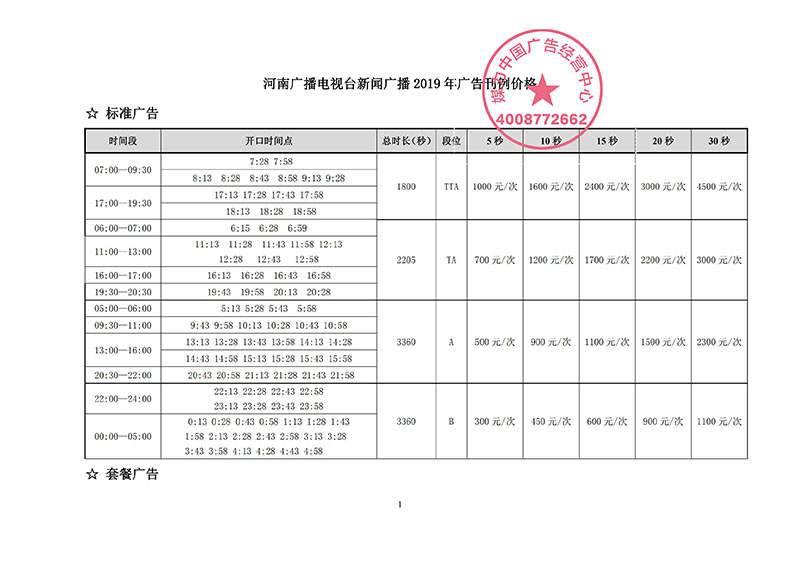 河南新闻广播2019年广告刊例价格