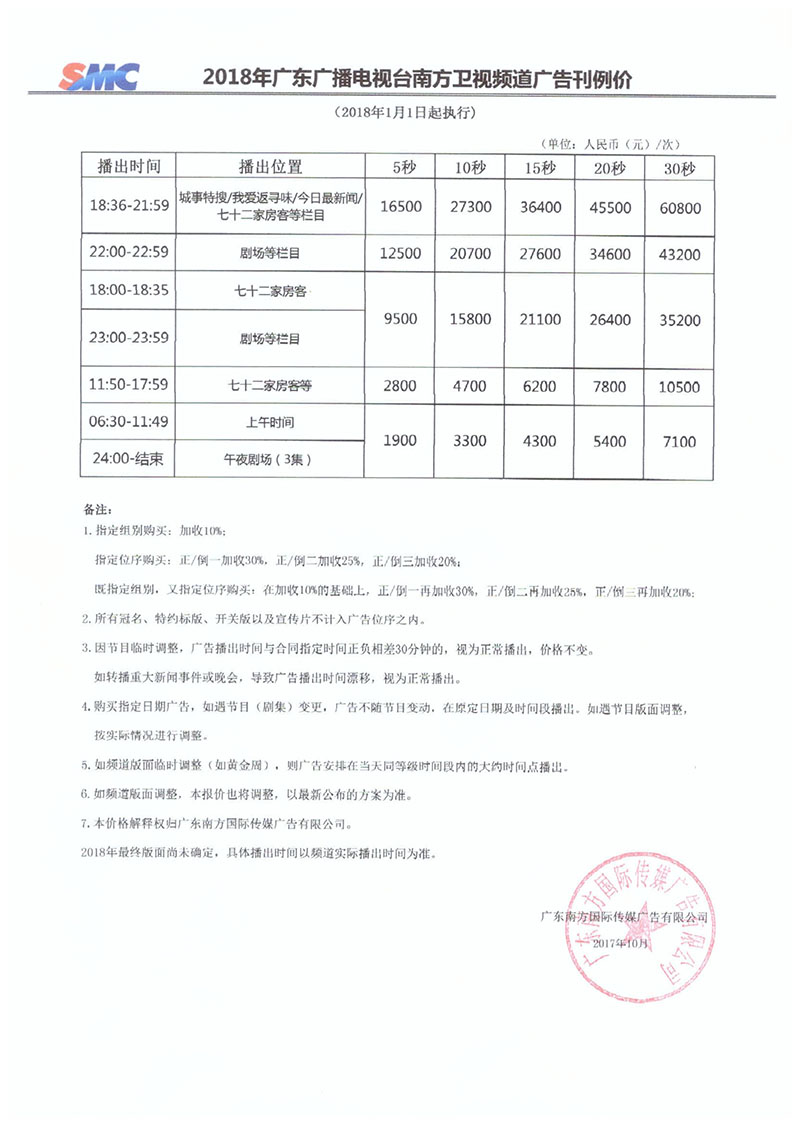 2018年南方卫视频道广告刊例价