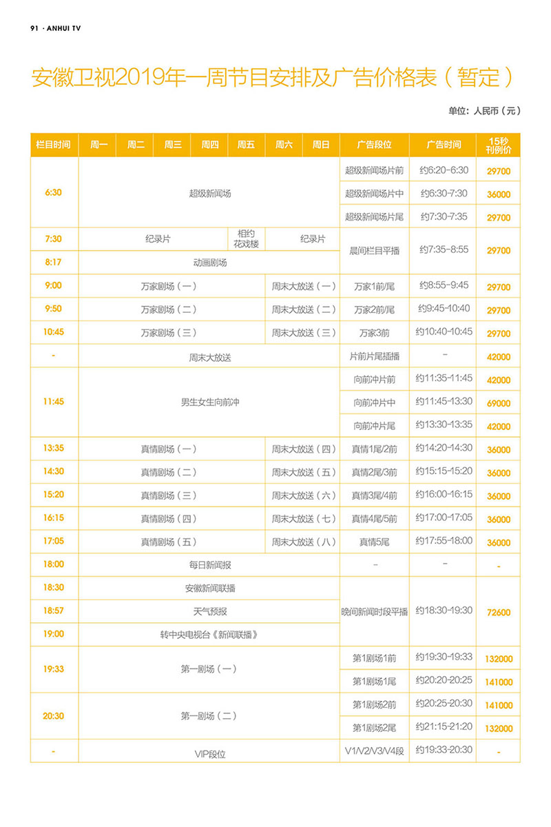 2019年安徽卫视广告价格表