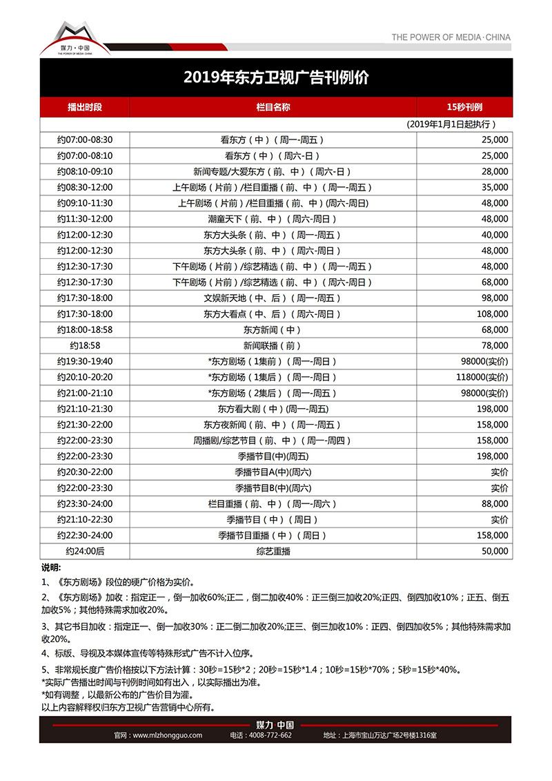 2019年东方卫视广告刊例价