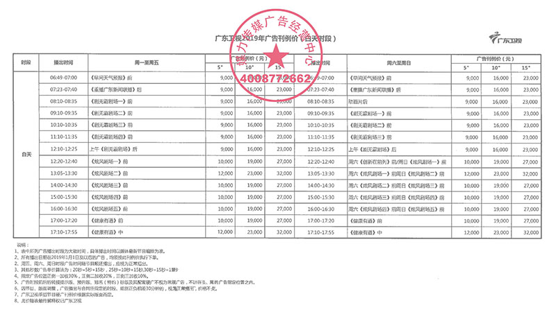 2019年广东卫视广告价格表